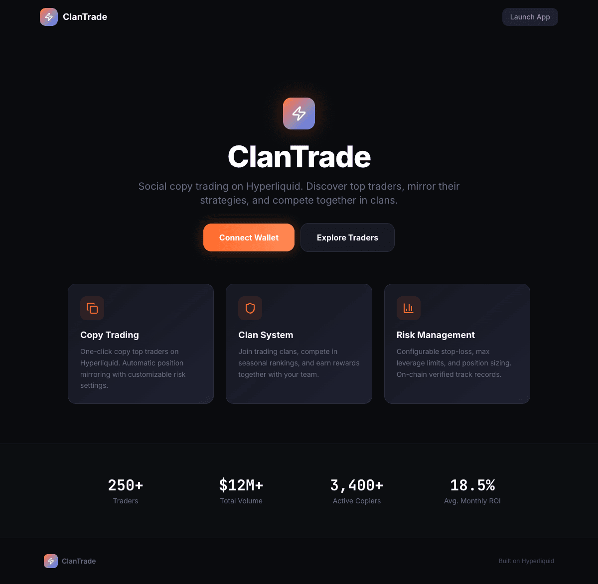 ClanTrade app — decentralized copy trading dashboard on Hyperliquid